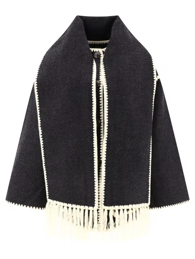 Totême Coat With Scarf And Fringe Coats Grey In Black