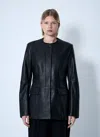 Totême Collarless Leather Jacket In Blue