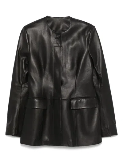 Totême Collarless Leather Jacket In Black