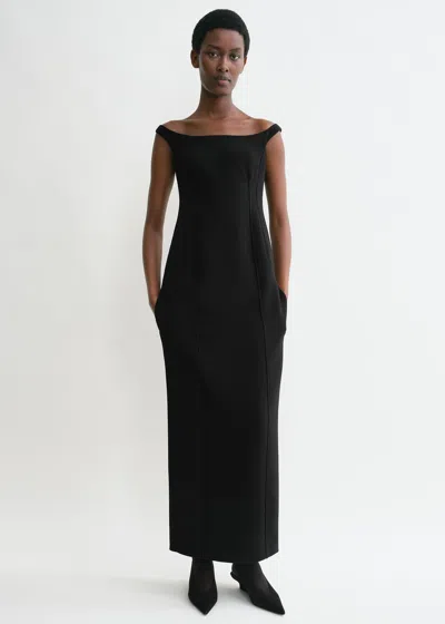Totême Curved Off-the-shoulder Crepe Long Dress In Black