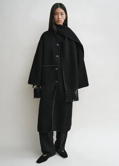 Totême Fringe Embroidered Scarf Wool Coat In Black