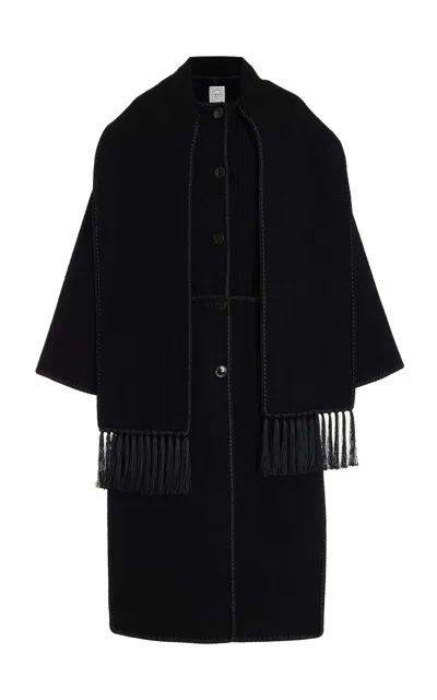 Totême Fringe Embroidered Scarf Wool Coat In Black