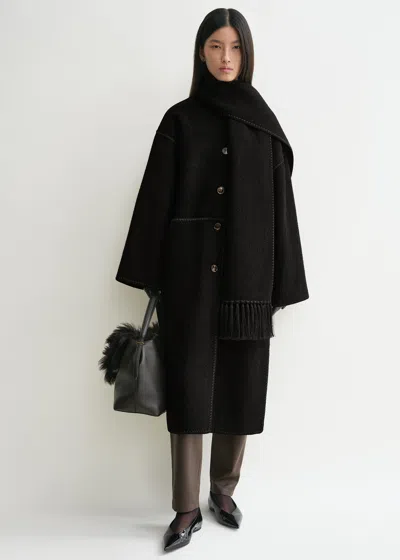 Totême Fringe Embroidered Scarf Wool Coat In Black