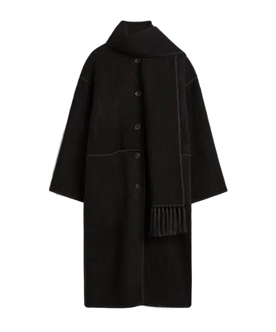 Totême Fringe Embroidered Scarf Wool Coat In Black