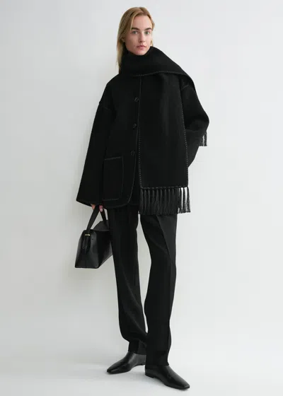 Totême Womens Scarf-overlay Contrast-trim Relaxed-fit Wool-blend Jacket Black