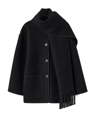 Totême Womens Scarf-overlay Contrast-trim Relaxed-fit Wool-blend Jacket Black
