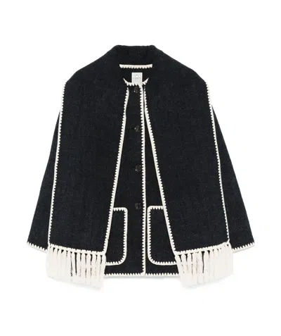 Totême Fringe Embroidered Scarf Wool Jacket In Black