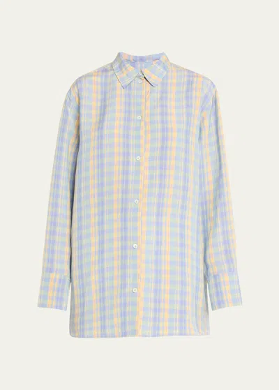 Totême Faded Madras Check Button Down Linen Shirt In Blue