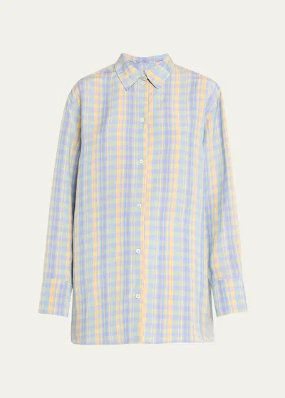 Totême Faded Madras Check Button Down Linen Shirt In Open Grey