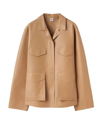 Totême Flared-hem Leather Jacket In Nude