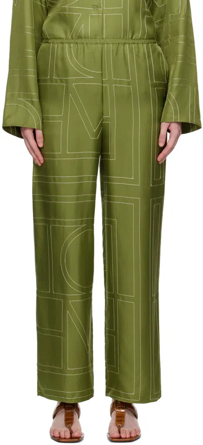 Totême Monogram Silk Pajama Pants In Green