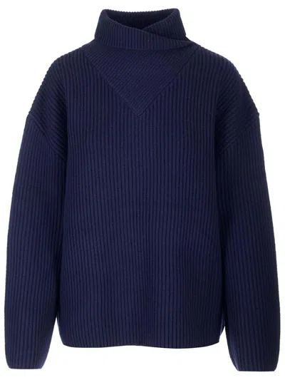 Totême Wrapped Neck Knit Sweater In Blue