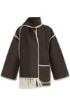 Totême Womens Chocolate Melange Embroidered-trim Scarf Wool-blend Jacket