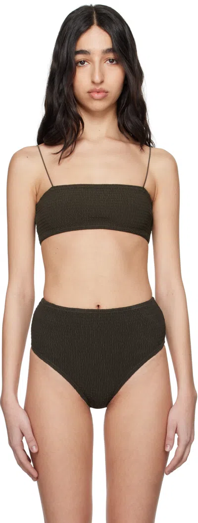 Totême Khaki Smocked Bikini Top In Pepper 273