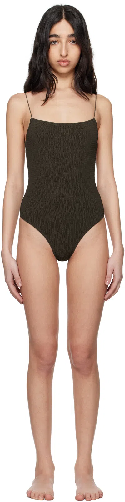 Totême Khaki Smocked Swimsuit In Brown