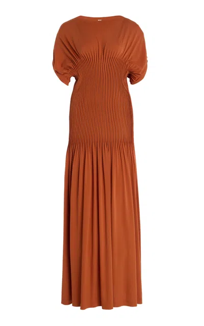 Totême Knife-pleated Jersey Empire Maxi Dress In Brown