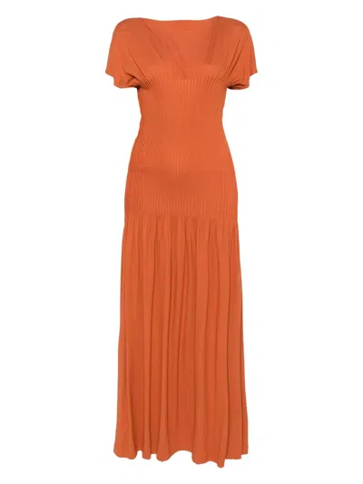 Totême Pleated Stretch-jersey Maxi Dress In Brown