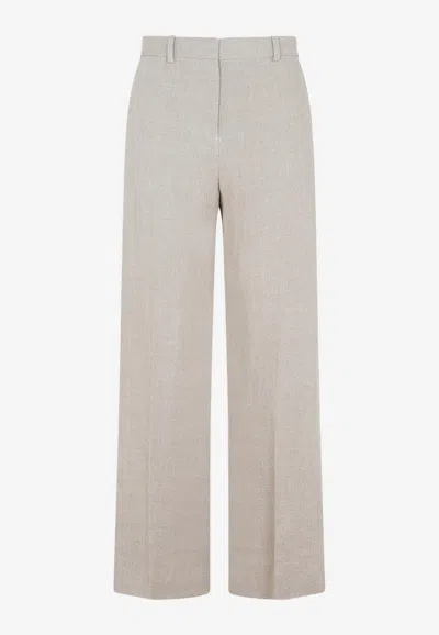 Totême Grey Linen Mid-waist Straight Trousers In Beige