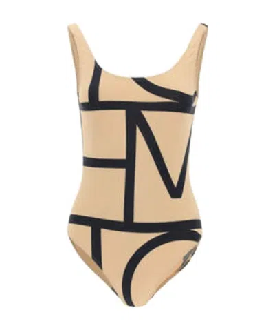 Totême Toteme One Piece Monogram Swimsuit In Beige