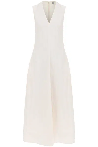 Totême Fluid V-neck Linen Blend Midi Dress In Off White