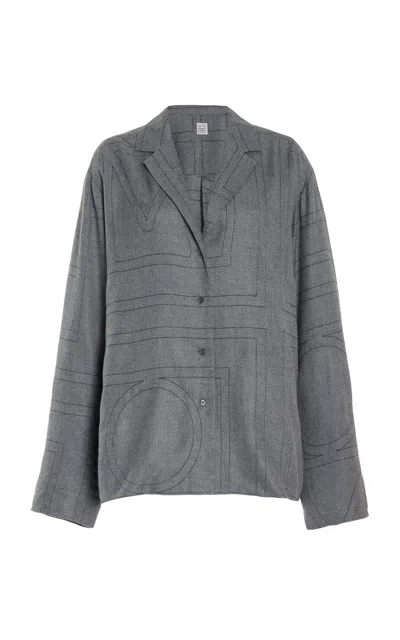 Totême Toteme Monogram Embroidered Flannel Pajama Top In Smoke Melange