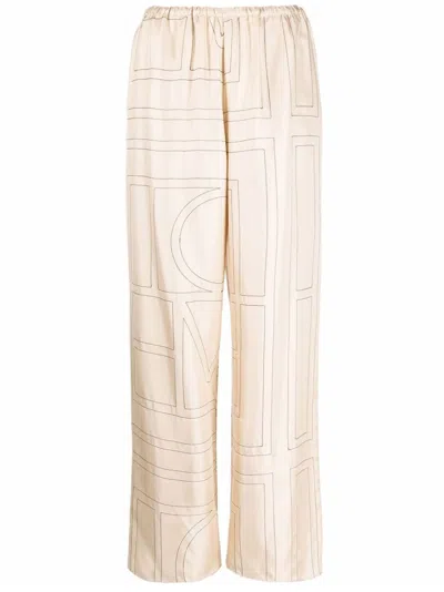 Totême Monogram Silk Straight-leg Ankle Pajama Pants In Brown
