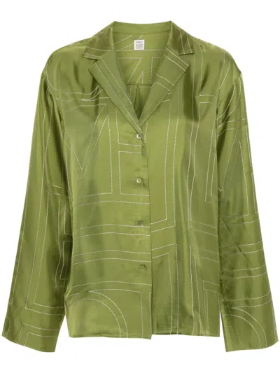 Totême Monogram Silk Pajama Shirt In Green
