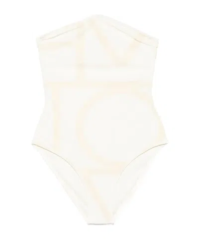 Totême Monogram Strapless Swimsuit In Beige
