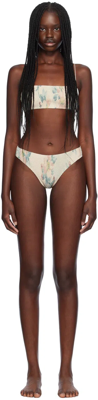 Totême Off-white Smocked Mid-rise Bikini In 201 Washed Floral