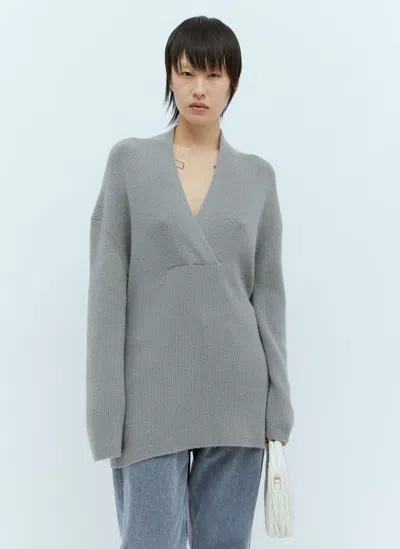 Totême Overlapped V Neck Knit Sweater In Grey