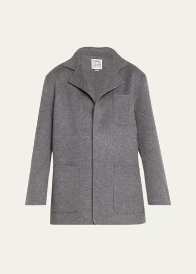 Totême Patch Pocket Double Wool Open Front Jacket In Medium Grey