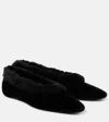Totême Toteme Genuine Shearling Trim Velvet Pointed Toe Ballet Flat In Black