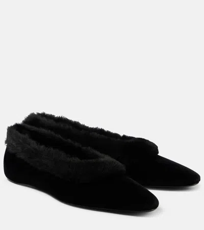 TOTÊME SHEARLING-TRIMMED VELVET BALLET FLATS