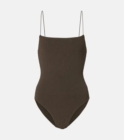 Totême Shirred Jersey Swimsuit In Brown
