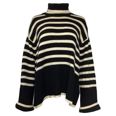 TOTÊME SIGNATURE STRIPE TURTLENECK SWEATER IN BLACK WOOL