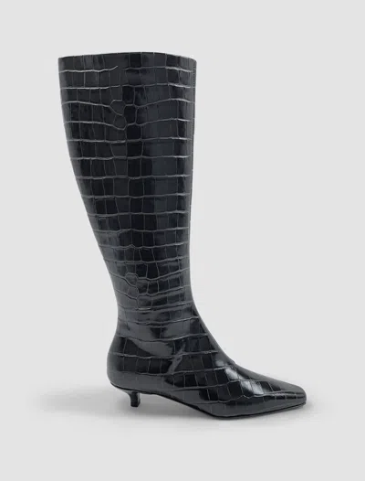 Totême Toteme The Slim Croc Embossed Kitten Heel Knee High Boot In Dark Brown