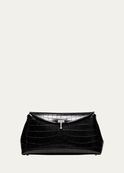 Totême T-lock Croc-embossed Leather Clutch Bag In Black