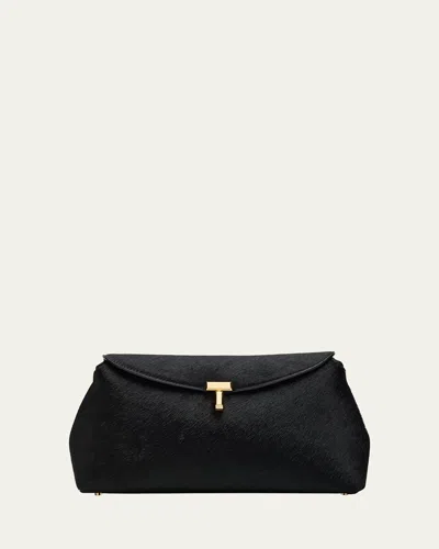 Totême T Lock Flap Horsehair Clutch Bag In Black