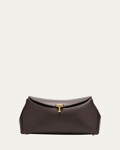 Totême T Lock Flap Leather Clutch Bag In Dark Brown