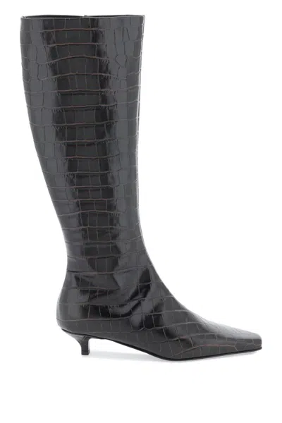 Totême The Slim Knee-high Boots In Crocodile-effect Leather In Marrone