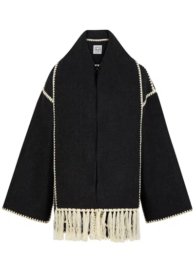 Totême Womens Dark Grey Melange Scarf-overlay Contrast-trim Relaxed-fit Wool-blend Jacket