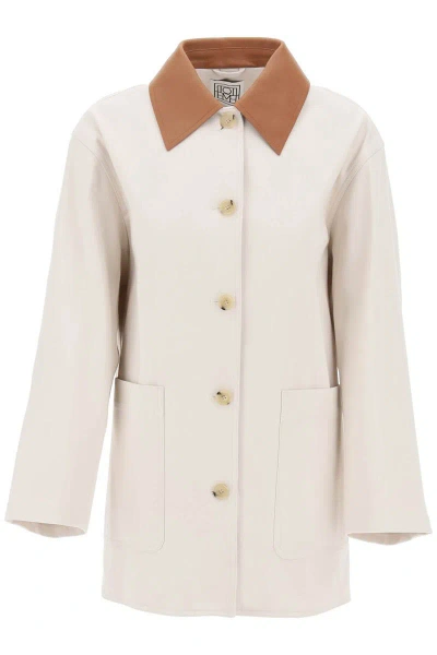 Totême Organic Cotton Barn Jacket With Leather Collar In Cream