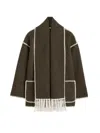 Totême Womens Chocolate Melange Embroidered-trim Scarf Wool-blend Jacket