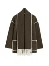 Totême Womens Chocolate Melange Embroidered-trim Scarf Wool-blend Jacket