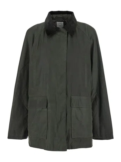 Totême Green Jacket With Corduroy Collar And Rear English Vents