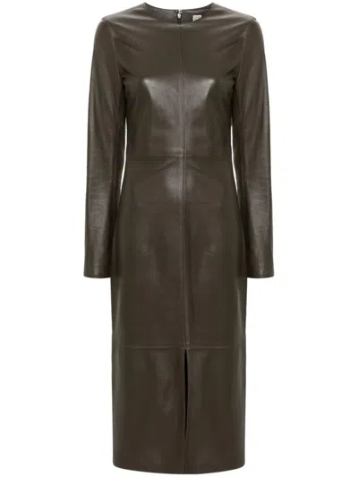 Totême Panelled Leather Midi Dress In Dark Brown