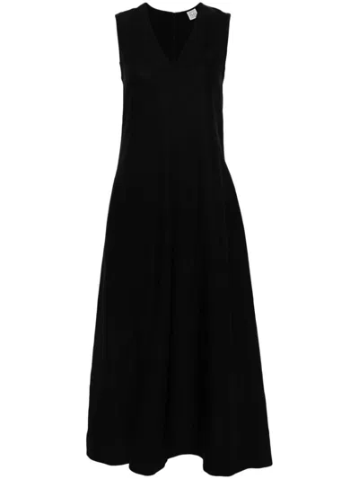 Totême Fluid V-neck Linen Blend Midi Dress In Black