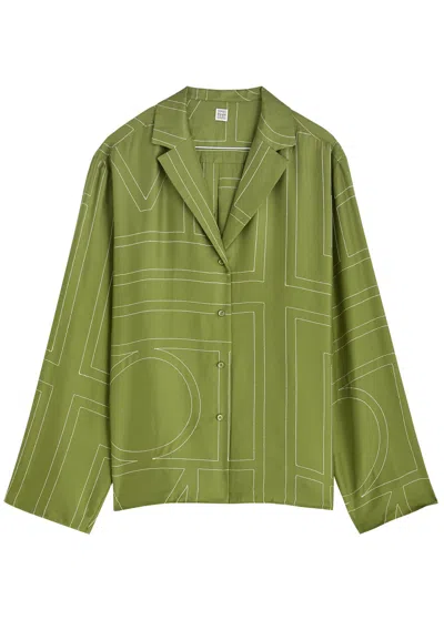 Totême Logo-embroidered Silk-satin Shirt In Green