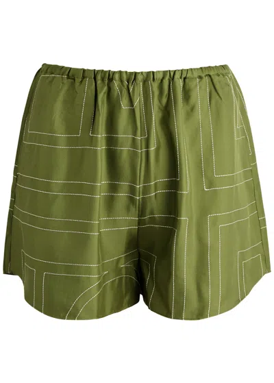 Totême Logo-embroidered Silk-satin Shorts In Green
