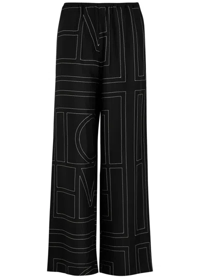 Totême Toteme Women's Black Monogram Geometric-embroidered Wide-leg High-rise Silk-satin Pyjama Bottoms